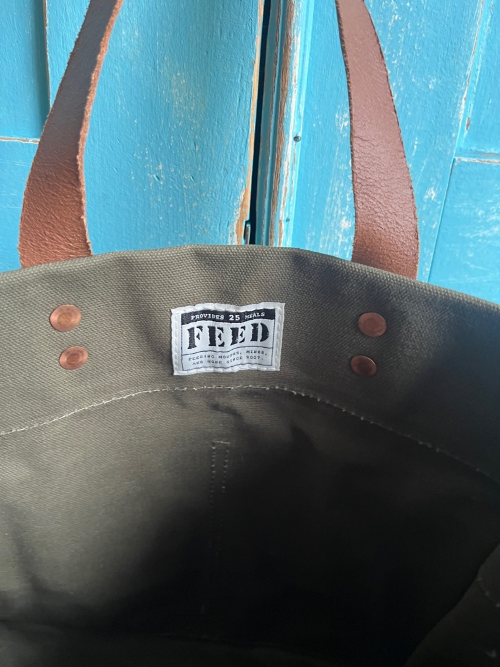 FEED Olive Canvas Satchel with Brown Leather Handles - Picture 3 of 3